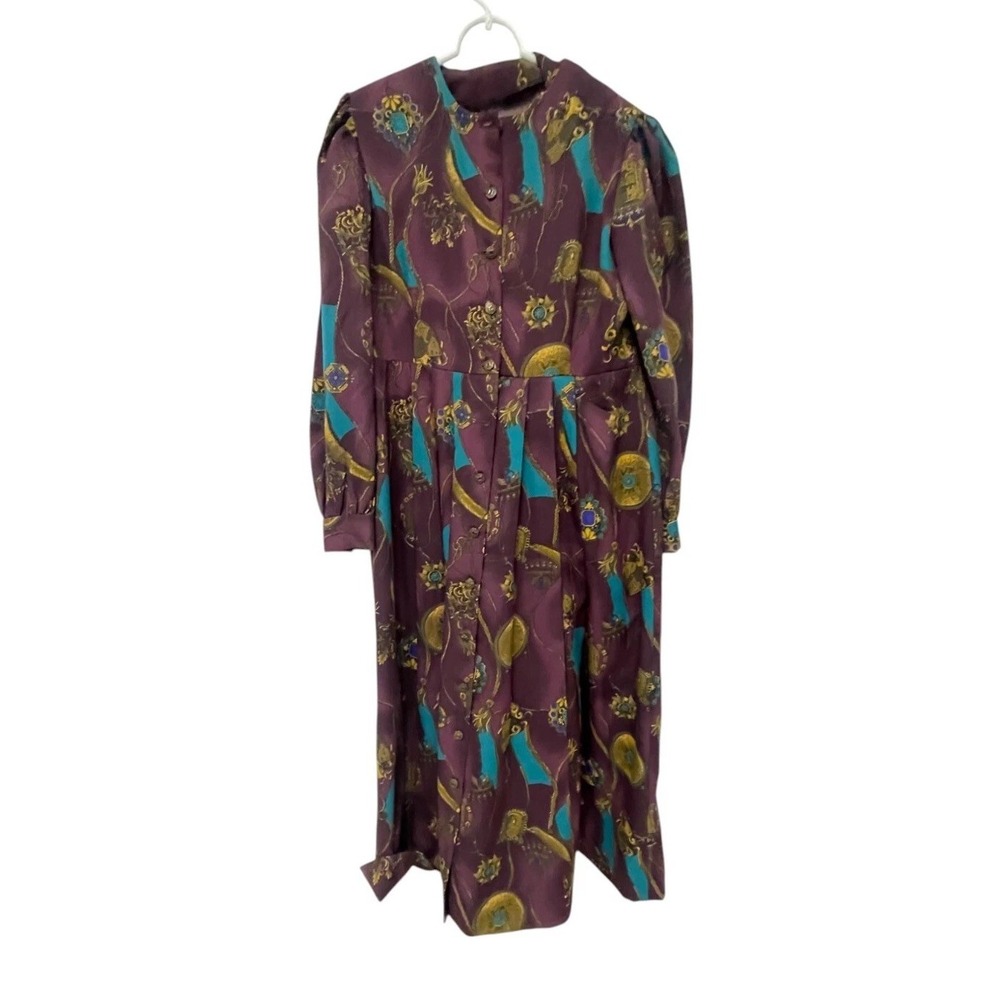 Retro Style‎ Midi Dress Dark Purple Womens Size M Equestrian Print Long Sleeve